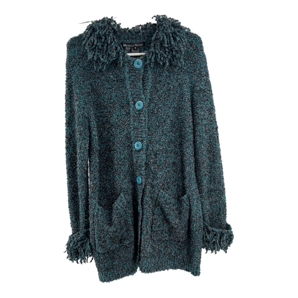 Michelle Nicole S shag trimmed slouchy long large button cardigan pockets